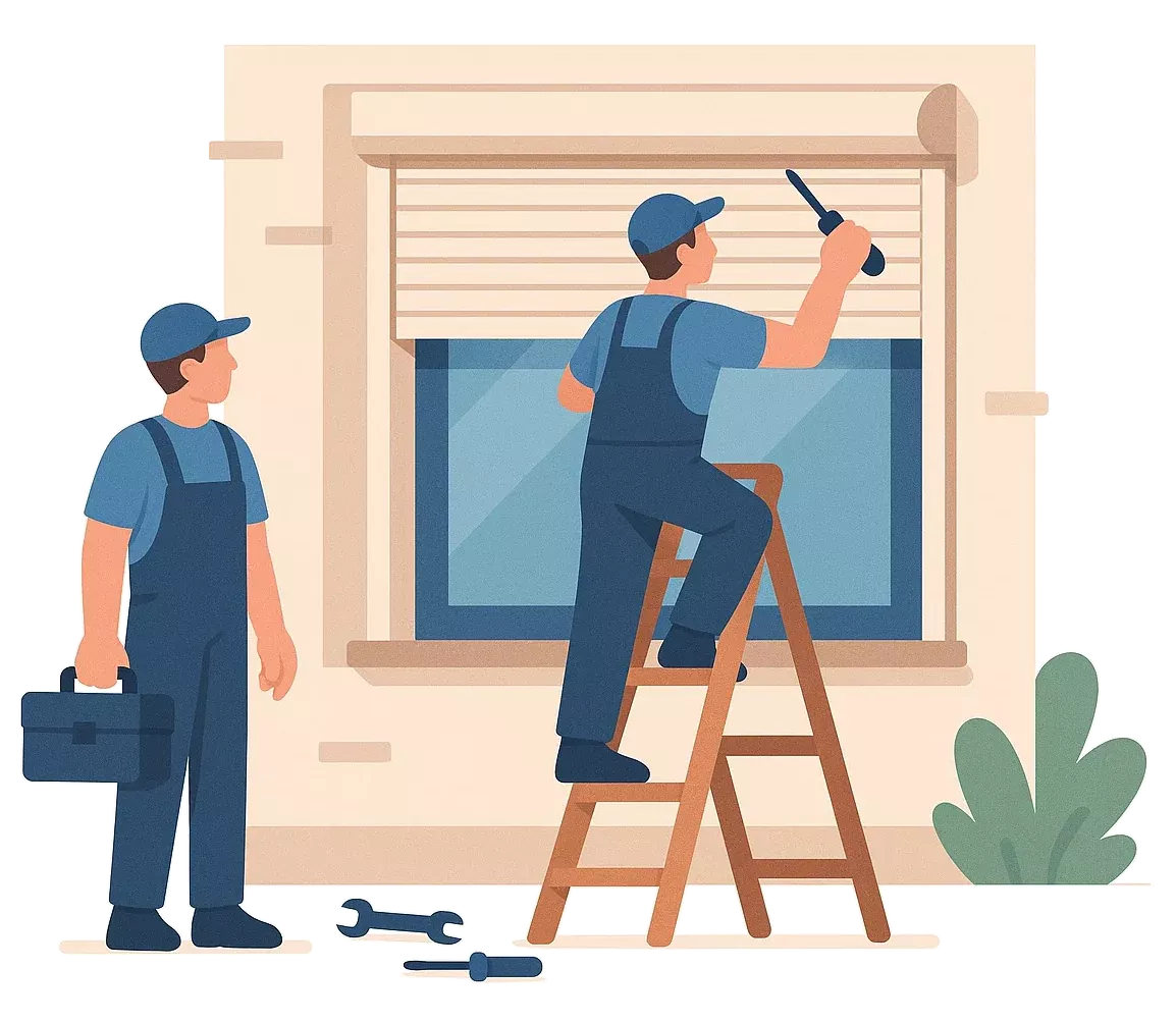 Двоє майстрів виконують ремонт віконних ролет на об'єкті — один із інструментом на сходах, інший із ящиком для інструментів